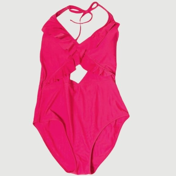 aerie Swim New Aerie Neon Bright Pink Ruffle Cut Out Front One